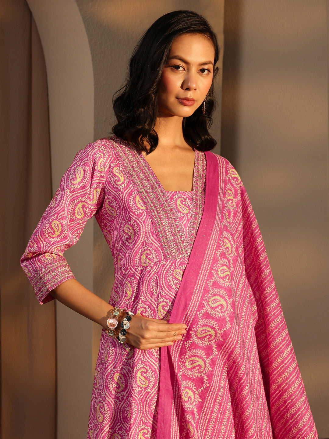  Pink Paisley Printed Cotton A-Line Suit Set With Dupatta 