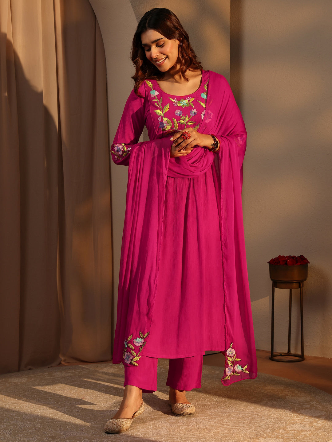  Pink Embroidered Silk Blend A-Line Suit Set With Dupatta 