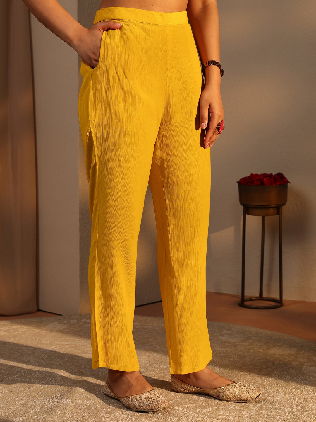  Mustard Embroidered Silk Blend A-Line Suit Set With Dupatta 