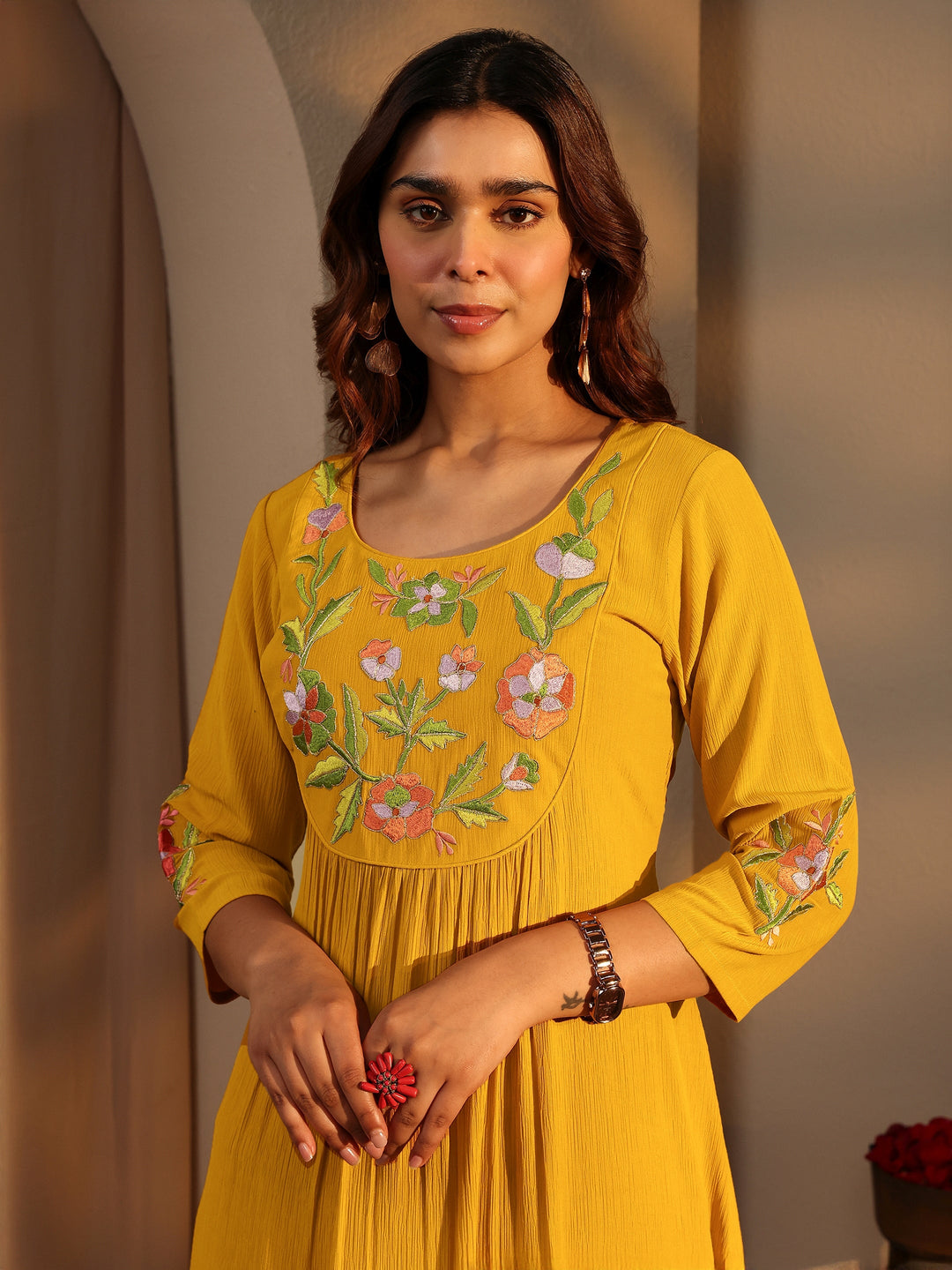  Mustard Embroidered Silk Blend A-Line Suit Set With Dupatta 