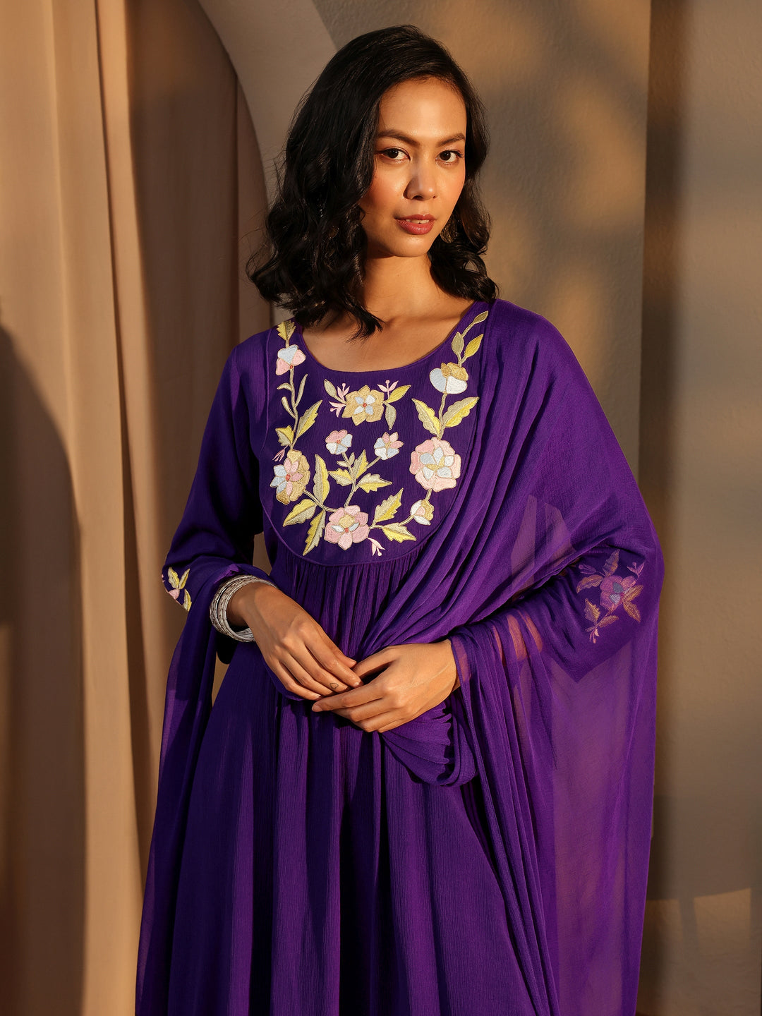  Purple Embroidered Silk Blend A-Line Suit Set With Dupatta 