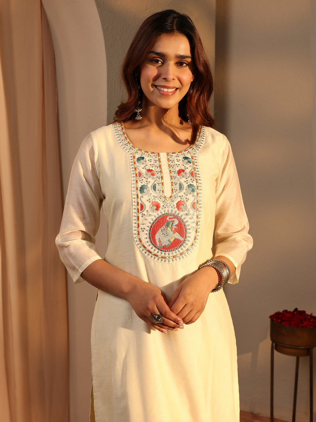  Off White Embroidered Chanderi Silk Straight Suit Set With Dupatta 
