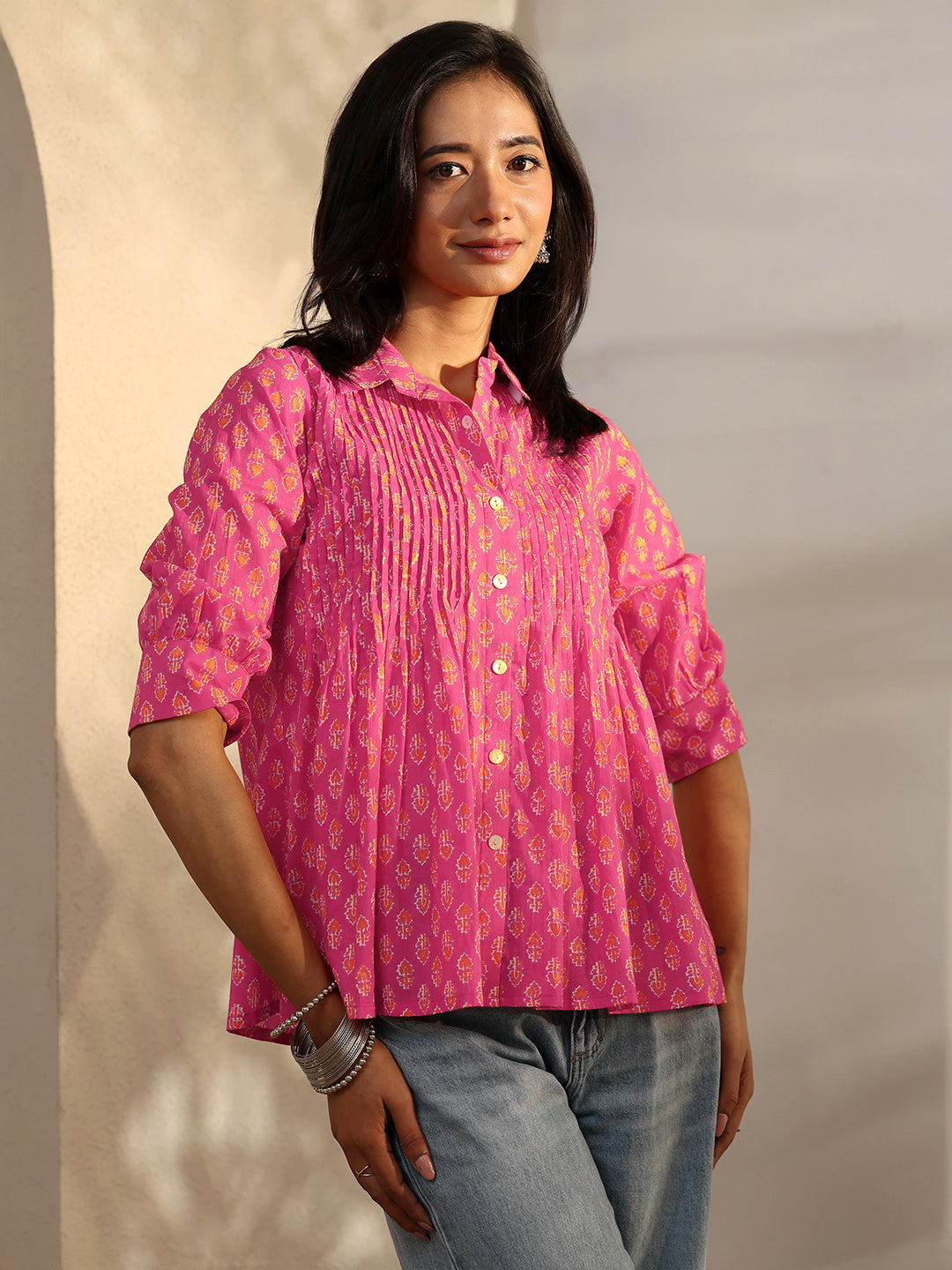  Pink Foliage Printed Cotton A-Line Short Kurti 