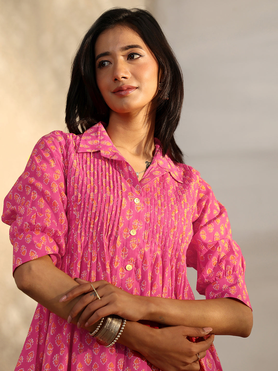  Pink Foliage Printed Cotton A-Line Short Kurti 