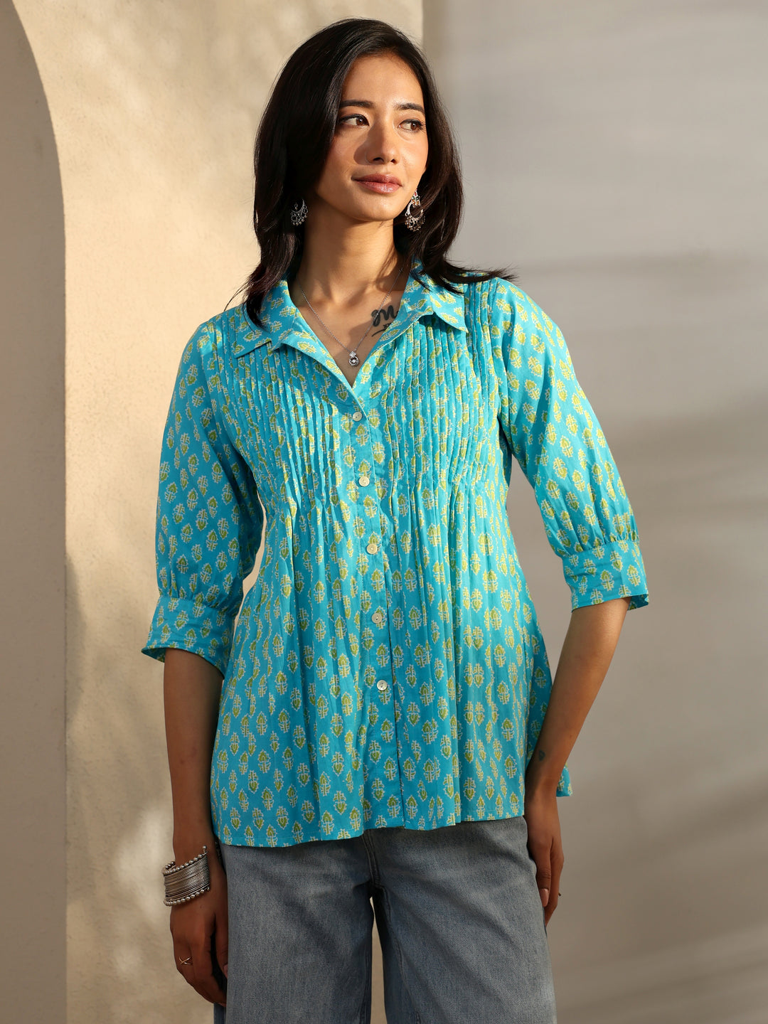  Blue Foliage Printed Cotton A-Line Short Kurti 