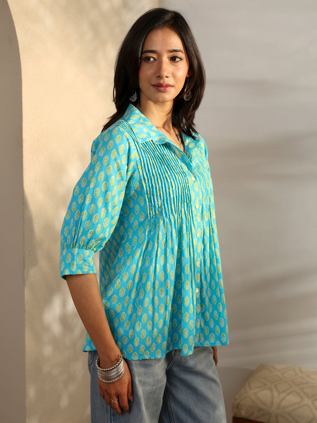  Blue Foliage Printed Cotton A-Line Short Kurti 