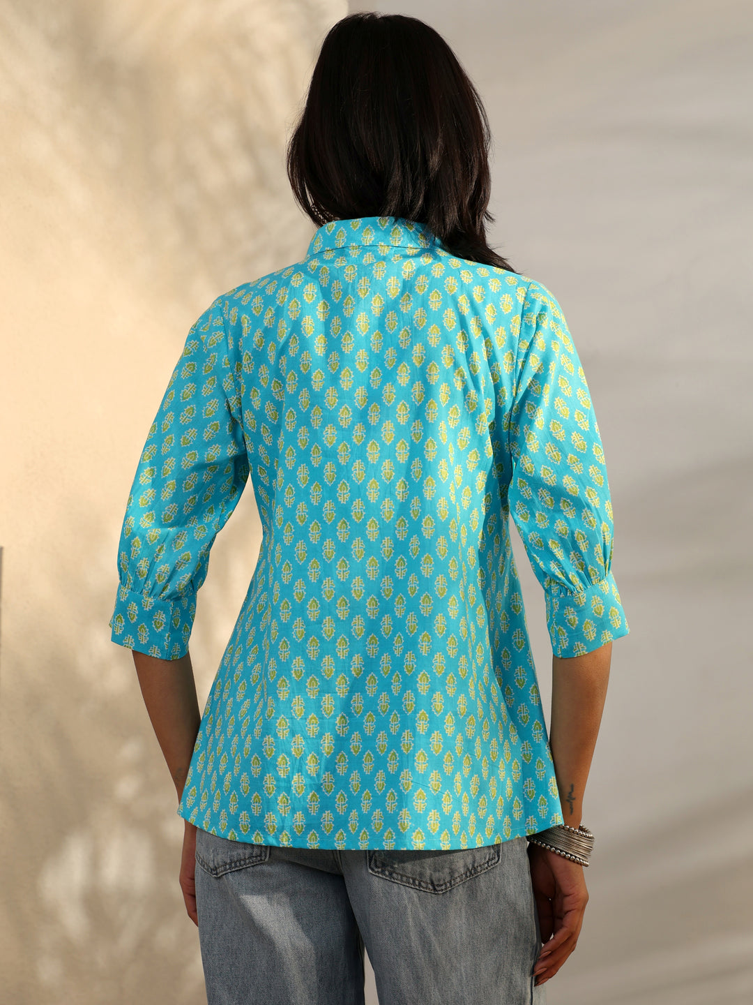  Blue Foliage Printed Cotton A-Line Short Kurti 