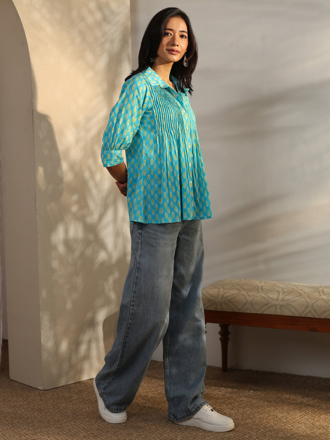  Blue Foliage Printed Cotton A-Line Short Kurti 