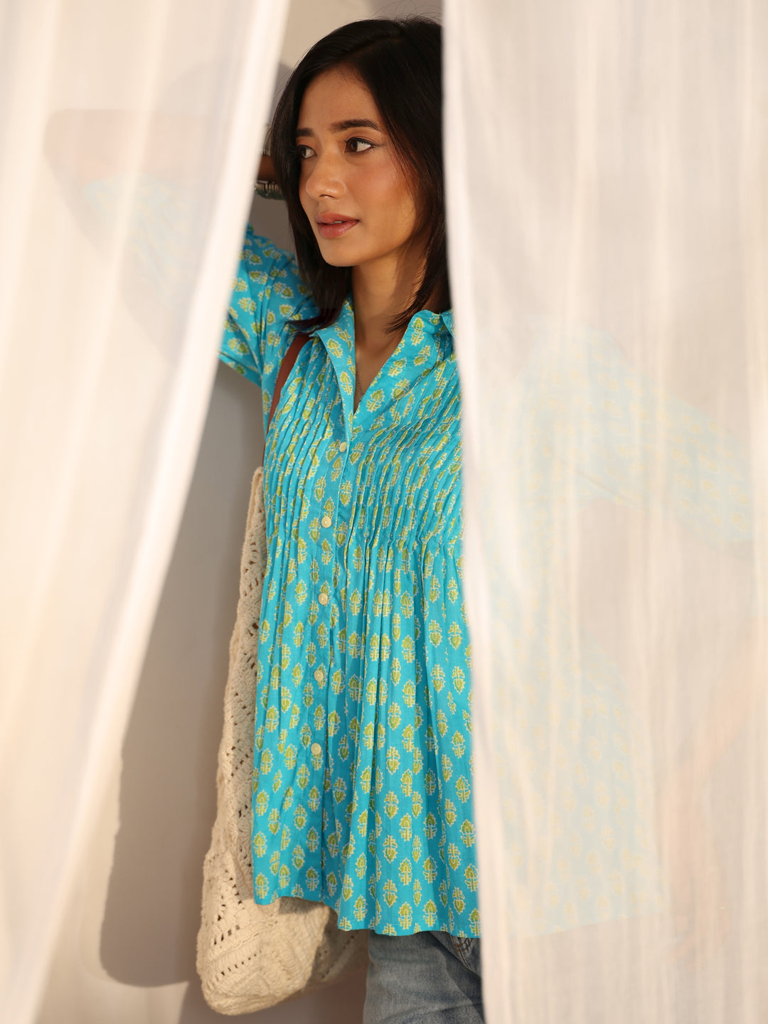  Blue Foliage Printed Cotton A-Line Short Kurti 