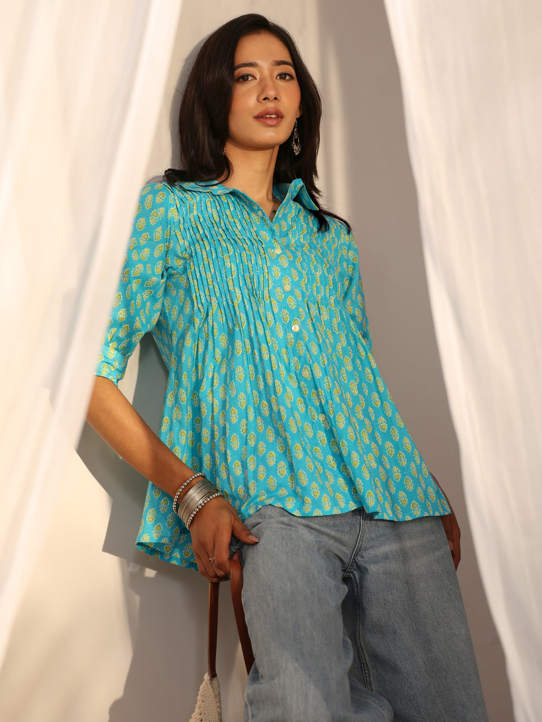  Blue Foliage Printed Cotton A-Line Short Kurti 