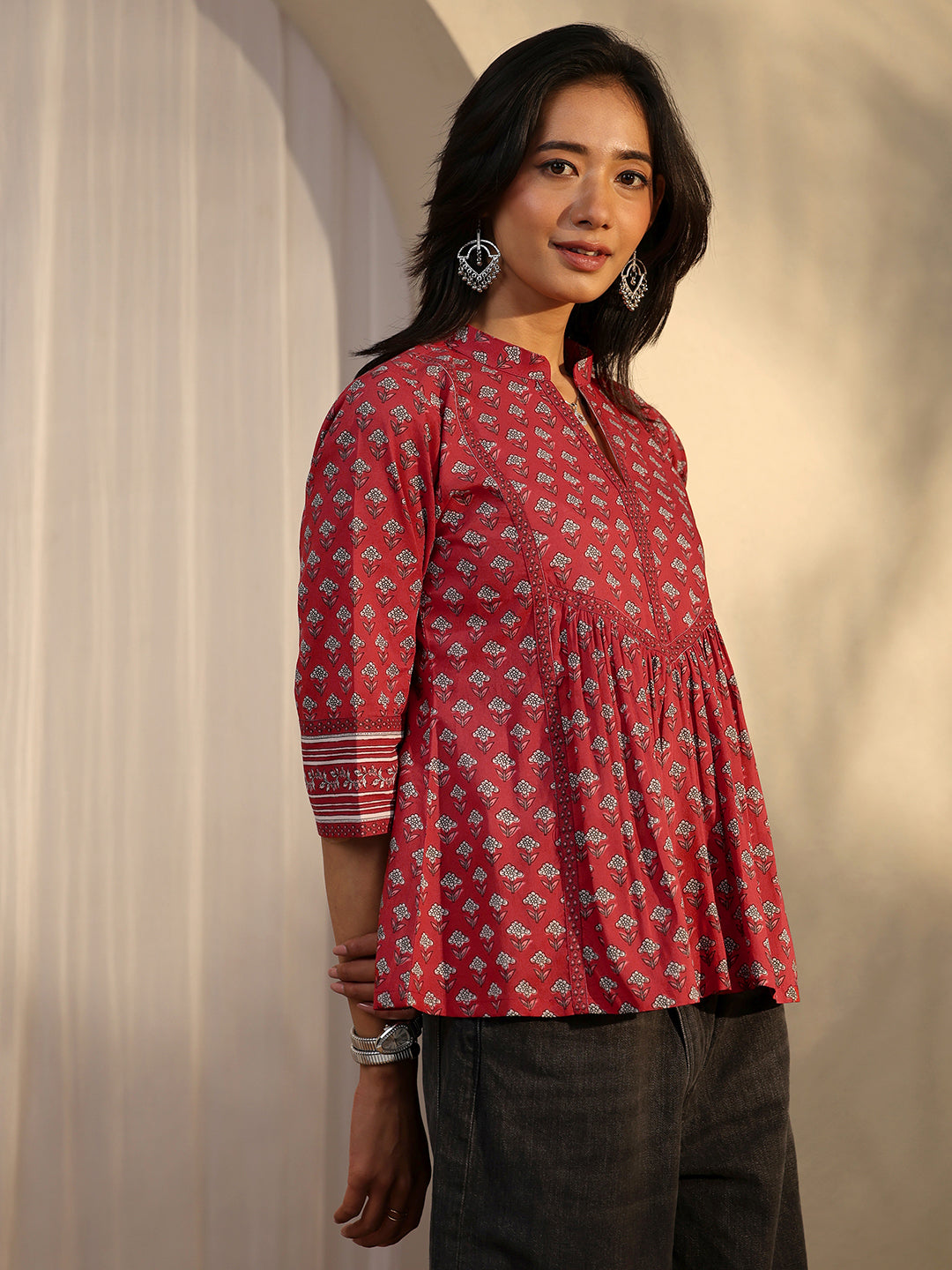  Maroon Printed Cotton A-Line Short Kurti 