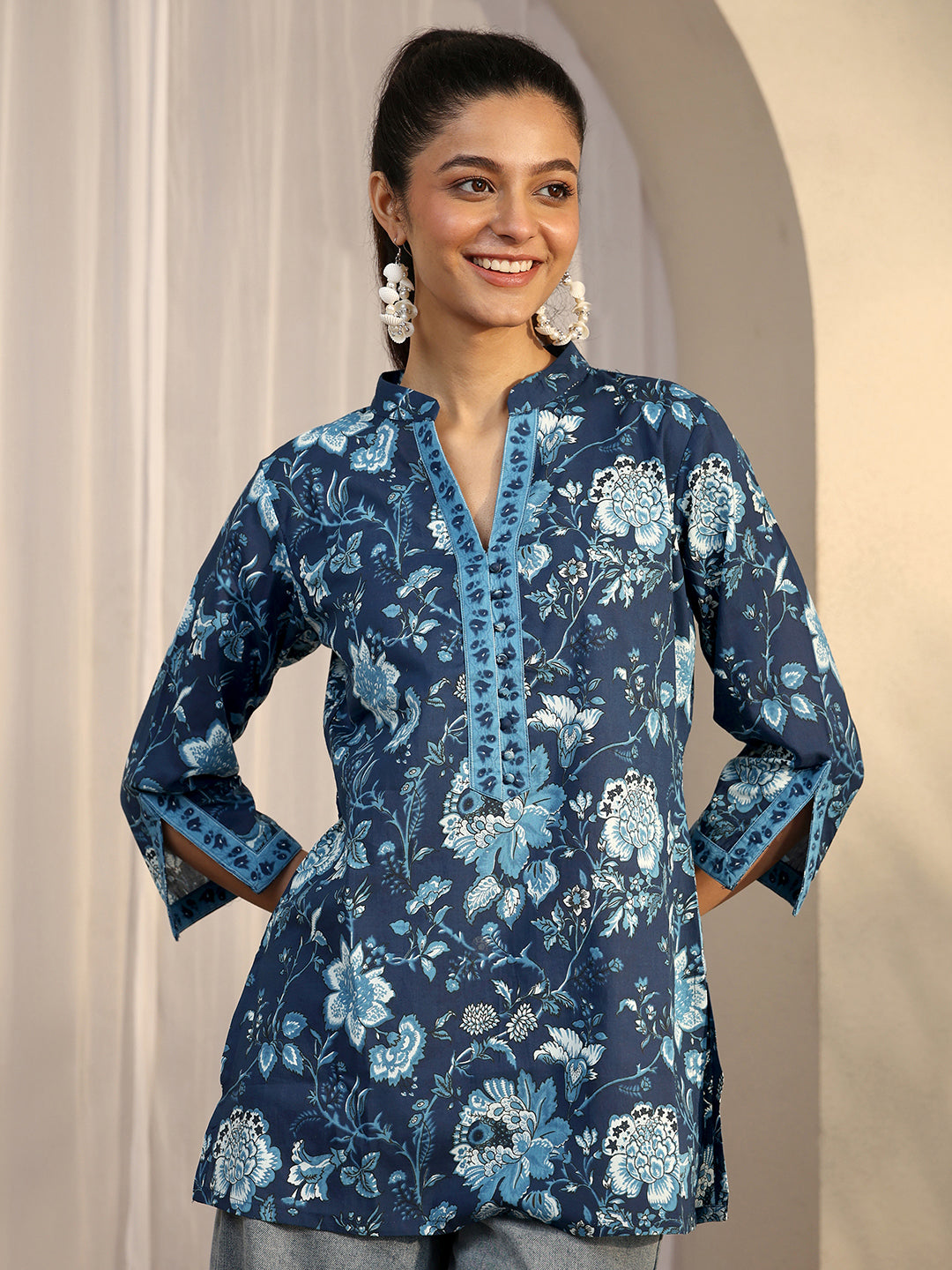  Blue Printed Cotton Straight Short Kurti 