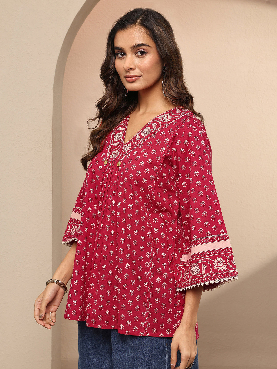  Red Printed Cotton A-Line Short Kurti 