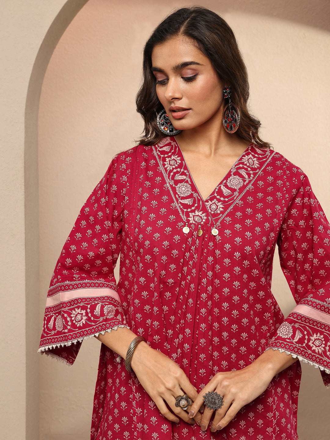  Red Printed Cotton A-Line Short Kurti 