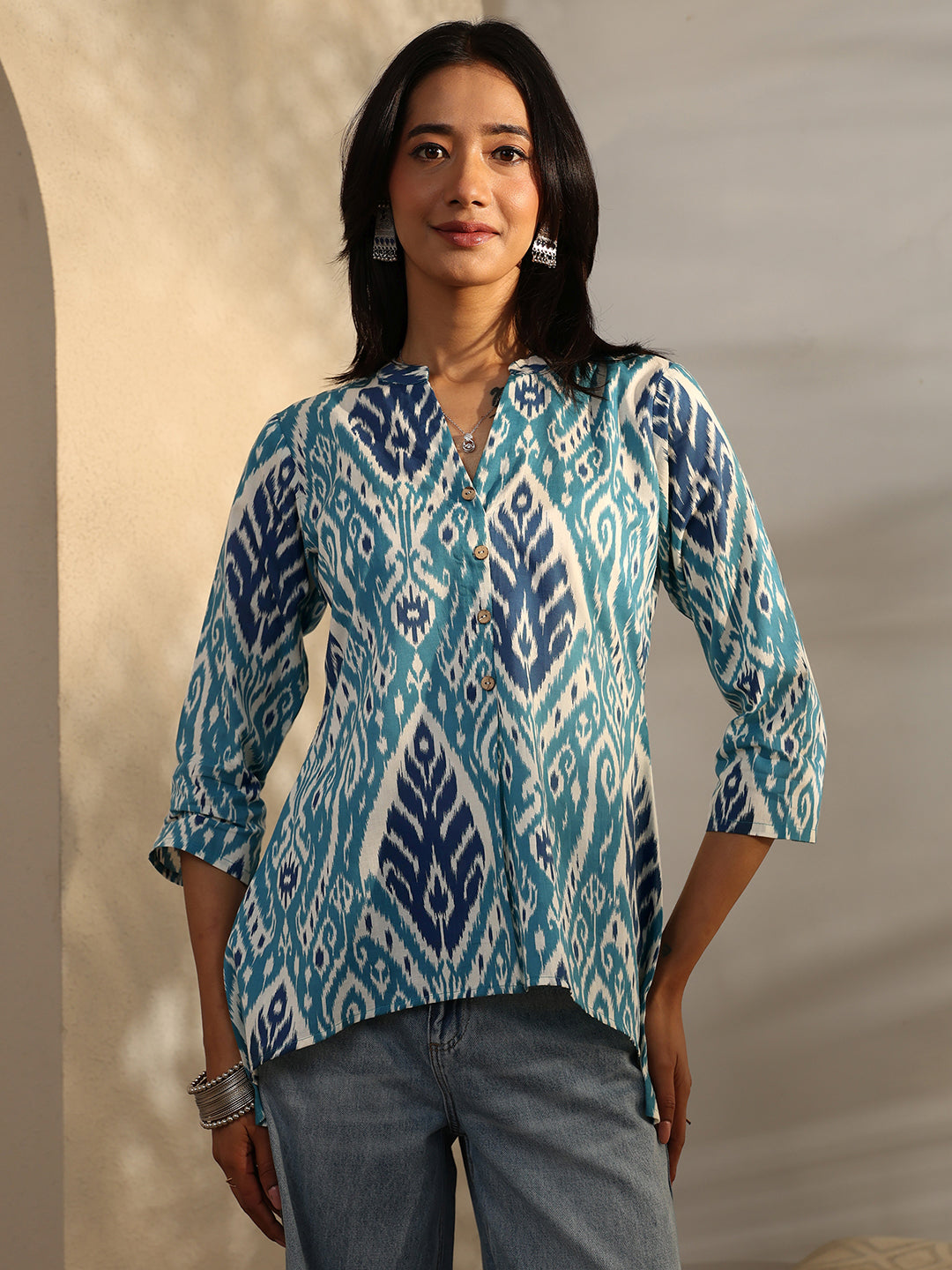 Blue Block Printed Cotton Straight Short Kurti