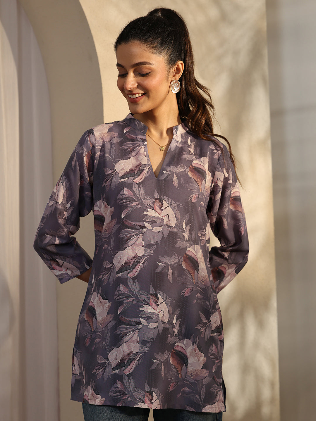 Mauve Printed Cotton Blend Straight Short Kurti