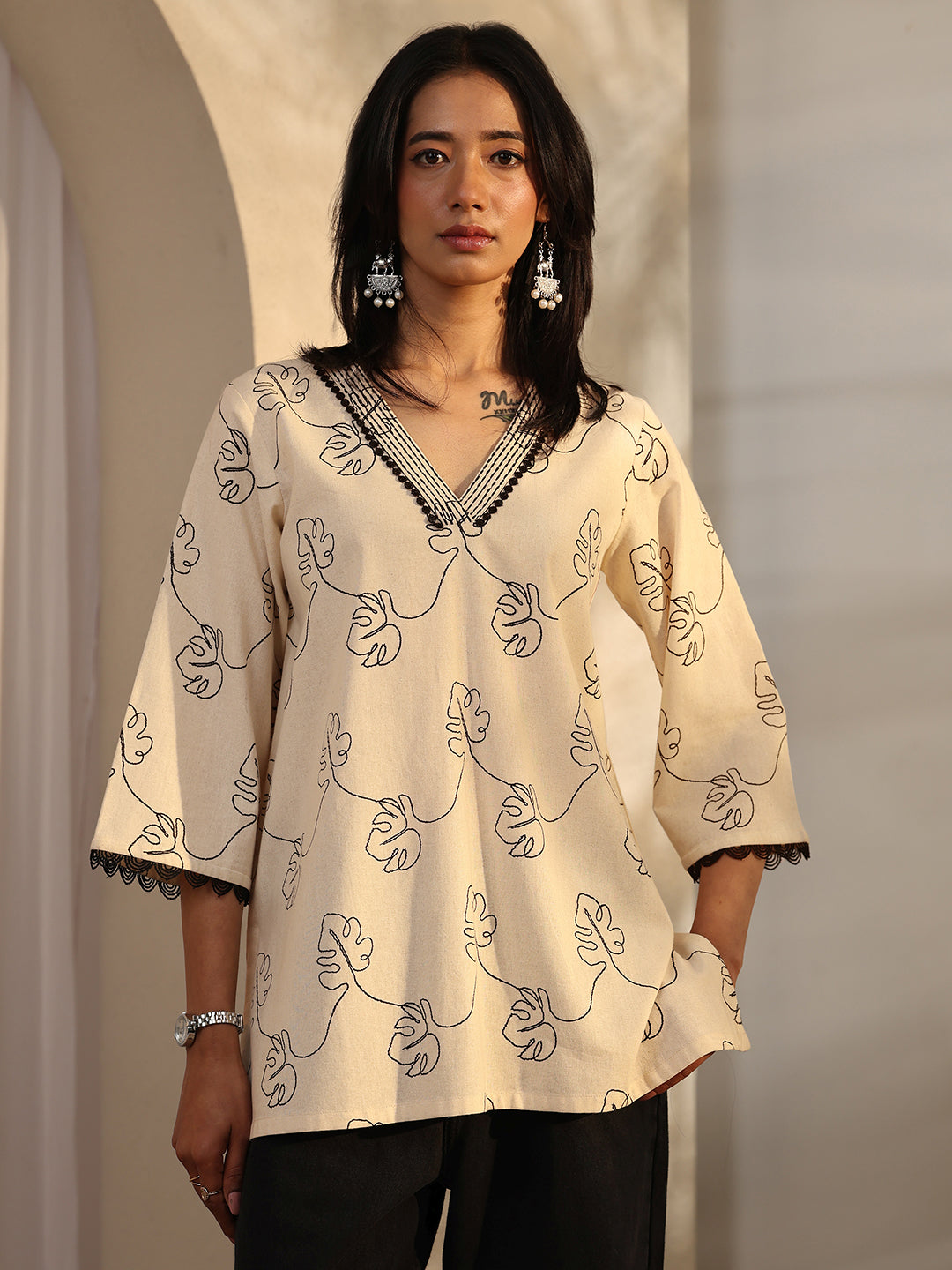 Off White Printed Cotton Straight Short Kurti