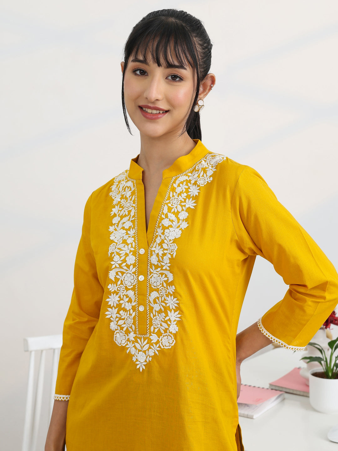  Yellow Yoke Design Cotton Straight Short Kurti 