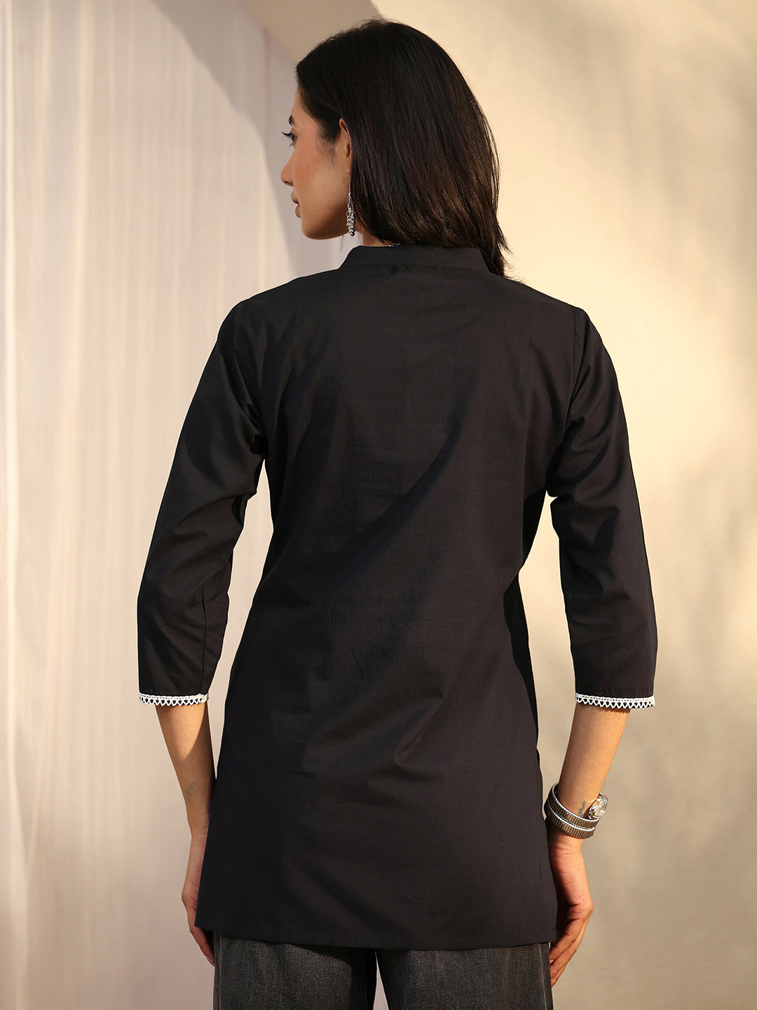  Black Embroidered Cotton Straight Short Kurti 