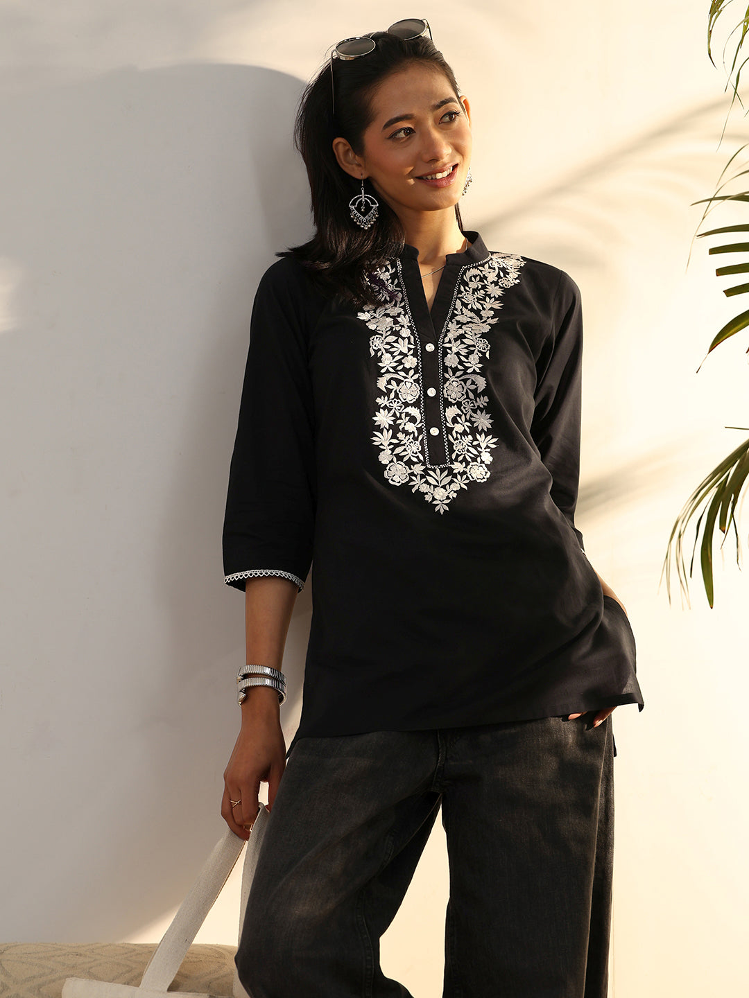  Black Embroidered Cotton Straight Short Kurti 