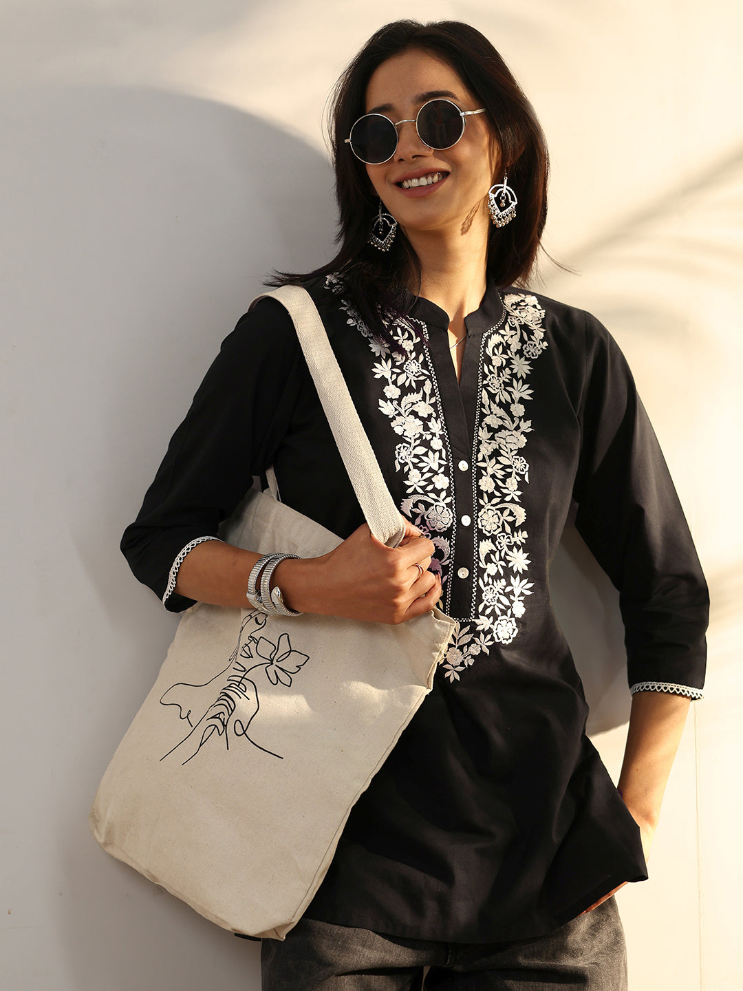  Black Embroidered Cotton Straight Short Kurti 