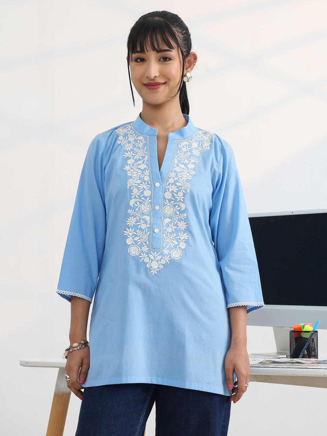  Blue Yoke Design Cotton Straight Short Kurti 