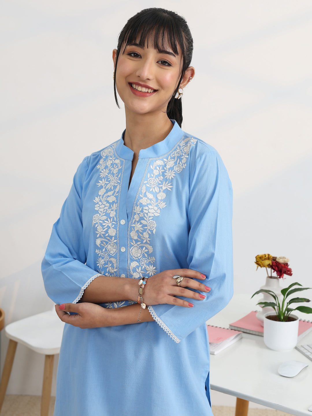  Blue Yoke Design Cotton Straight Short Kurti 
