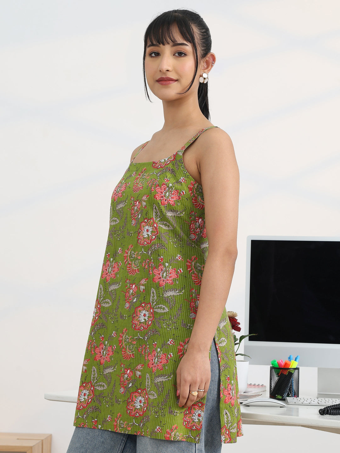  Green Printed Cotton Straight Short Kurti 