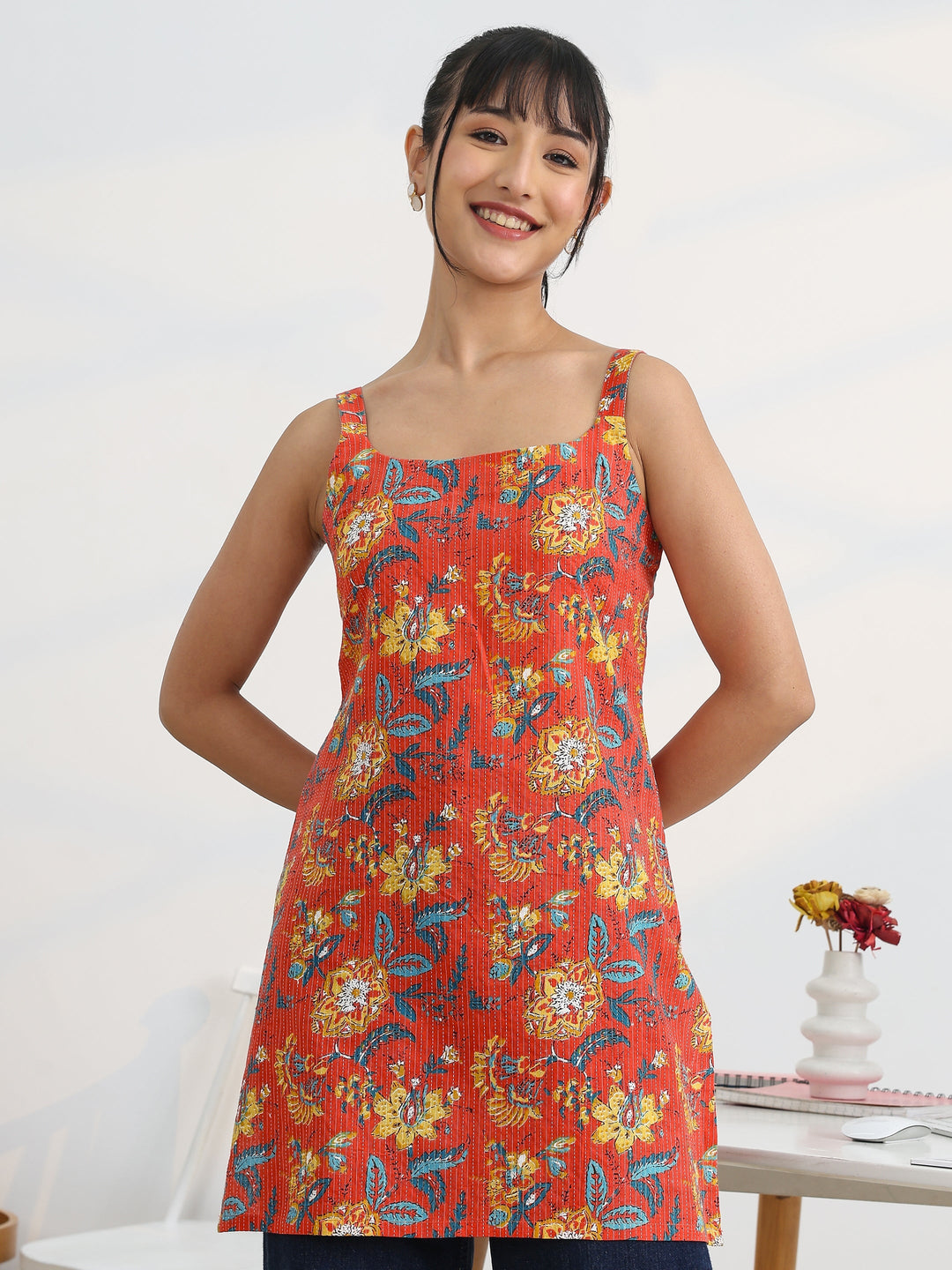  Coral Printed Cotton Straight Short Kurti 