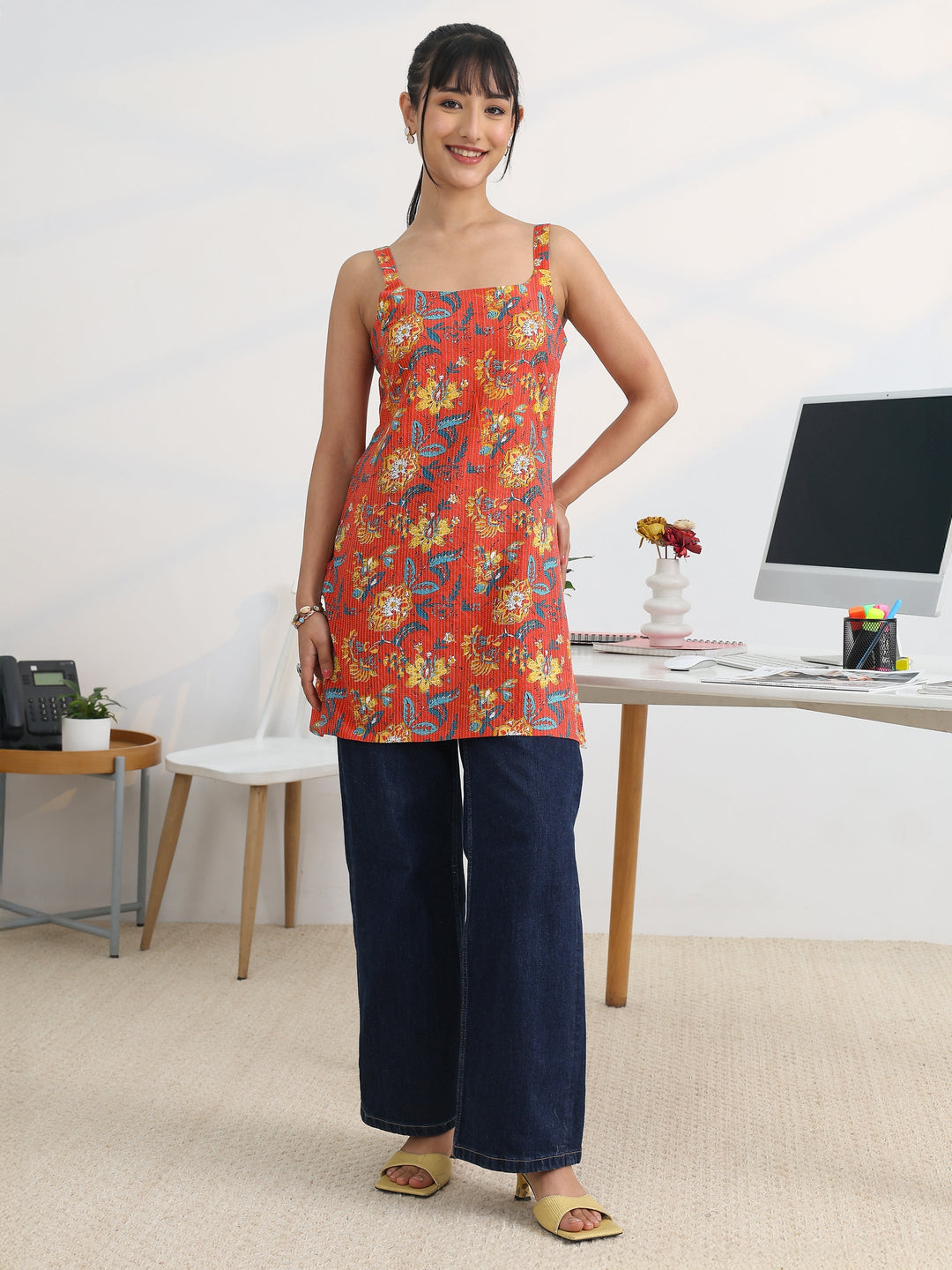  Coral Printed Cotton Straight Short Kurti 