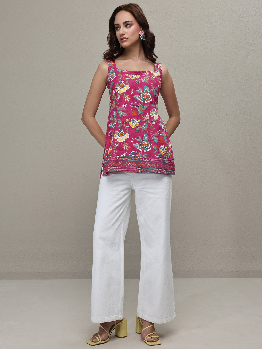 Pink Floral Printed Cotton A-Line Short Kurti 