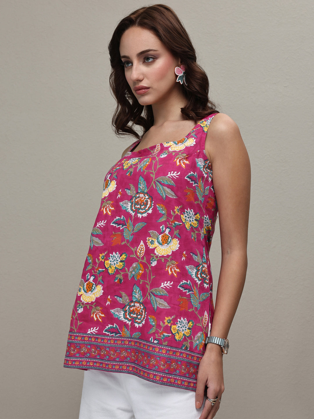  Pink Floral Printed Cotton A-Line Short Kurti 