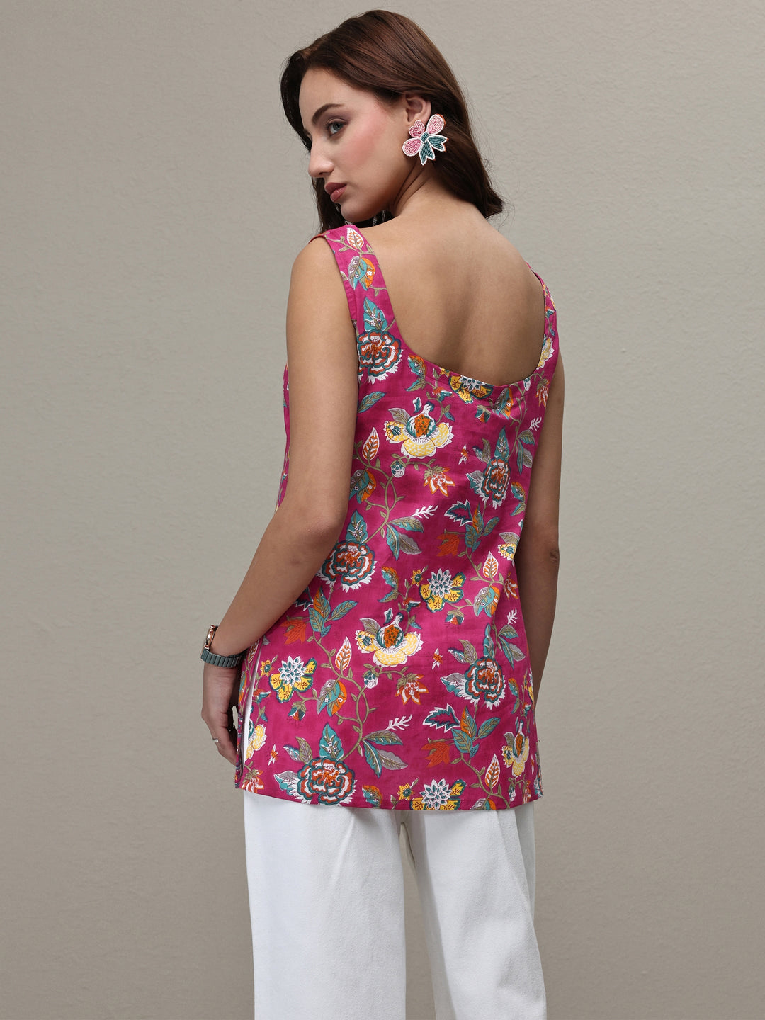  Pink Floral Printed Cotton A-Line Short Kurti 