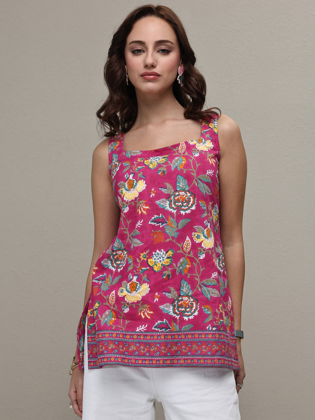  Pink Floral Printed Cotton A-Line Short Kurti 