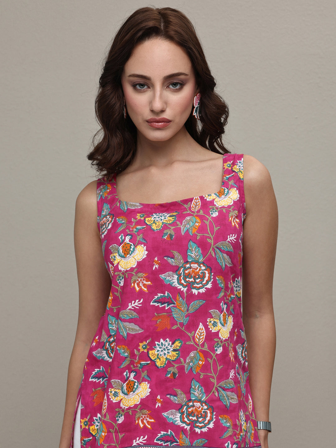  Pink Floral Printed Cotton A-Line Short Kurti 