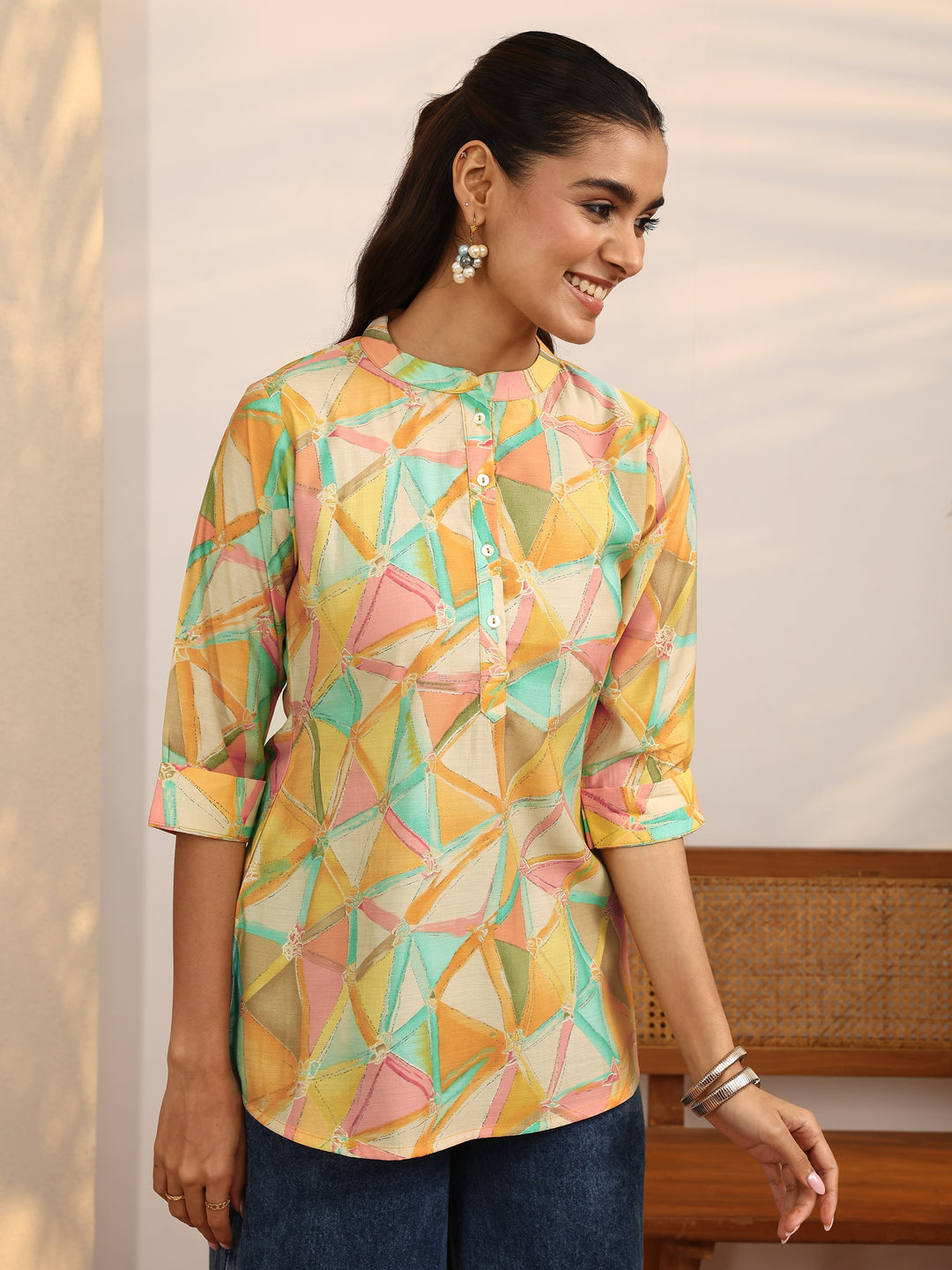 Multicolor Geometric Printed Silk Blend Straight Short Kurti 