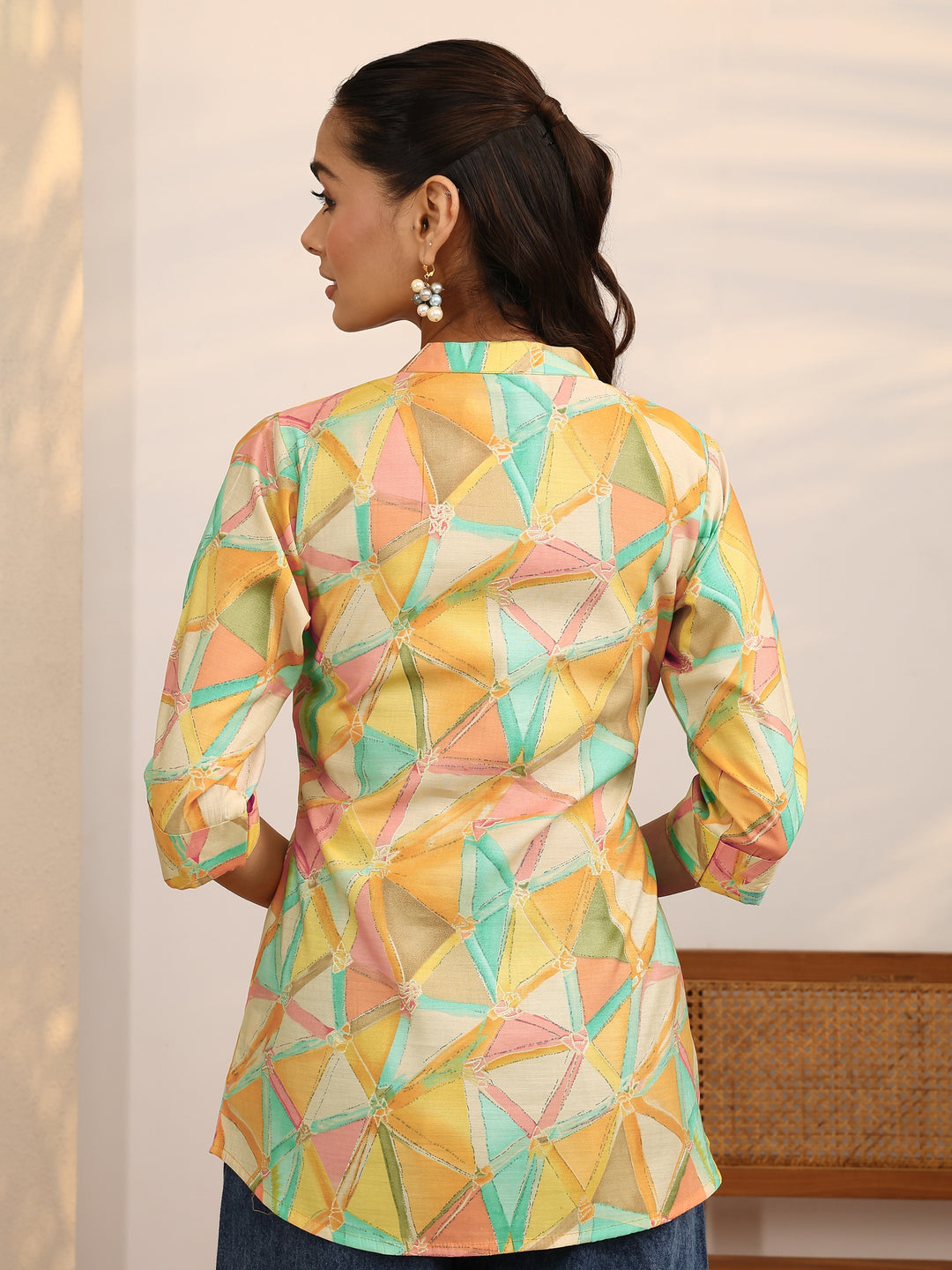  Multicolor Geometric Printed Silk Blend Straight Short Kurti 