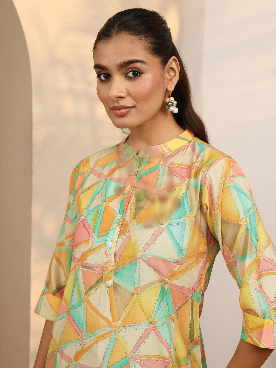  Multicolor Geometric Printed Silk Blend Straight Short Kurti 