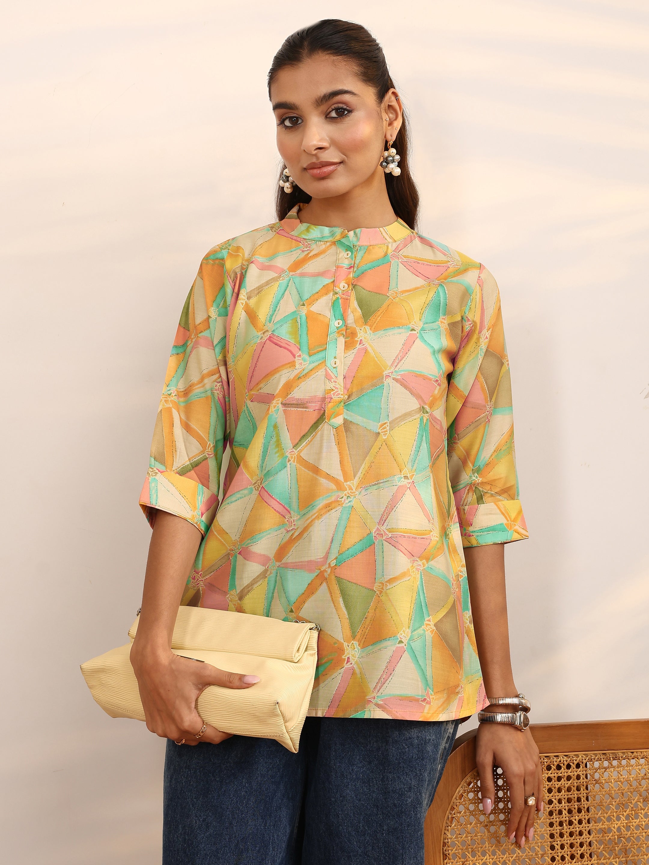 libas Multicolor Geometric Printed Silk Blend Straight Short Kurti-picture-19