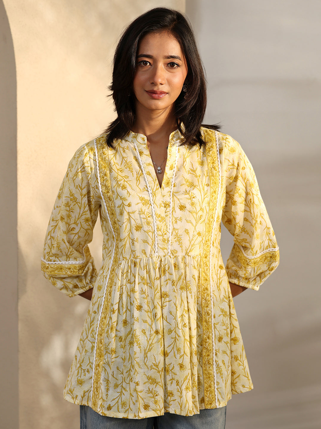 libas Yellow Printed Cotton A-Line Short Kurti-picture-28