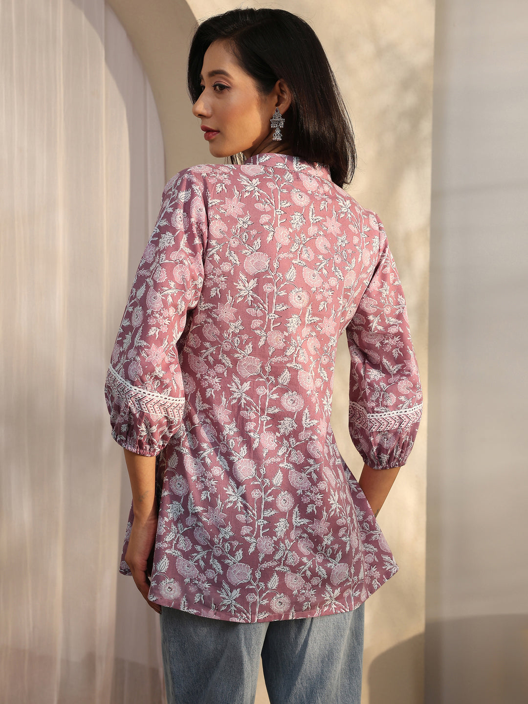  Mauve Printed Cotton A-Line Short Kurti 