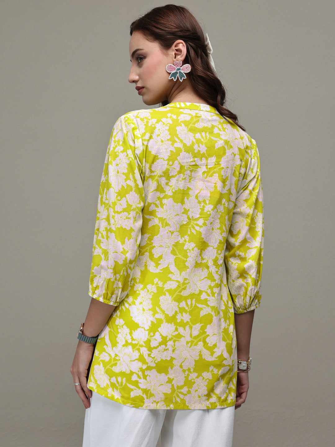  Green Floral Printed Cotton A-Line Short Kurti 