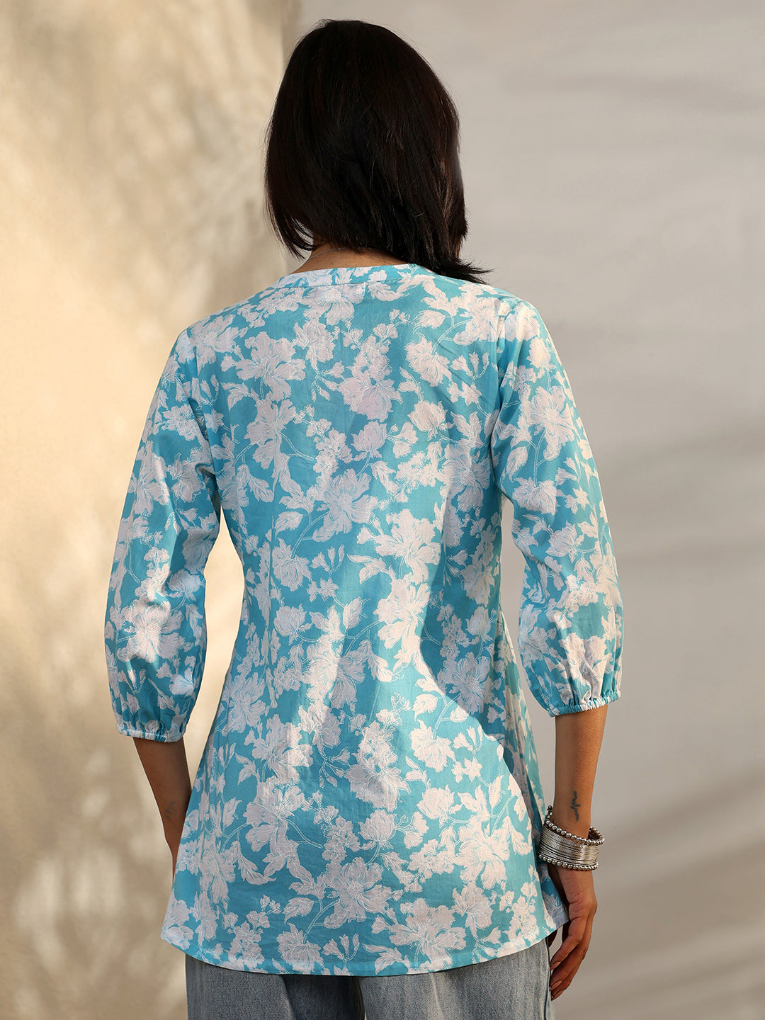  Blue Printed Cotton A-Line Short Kurti 