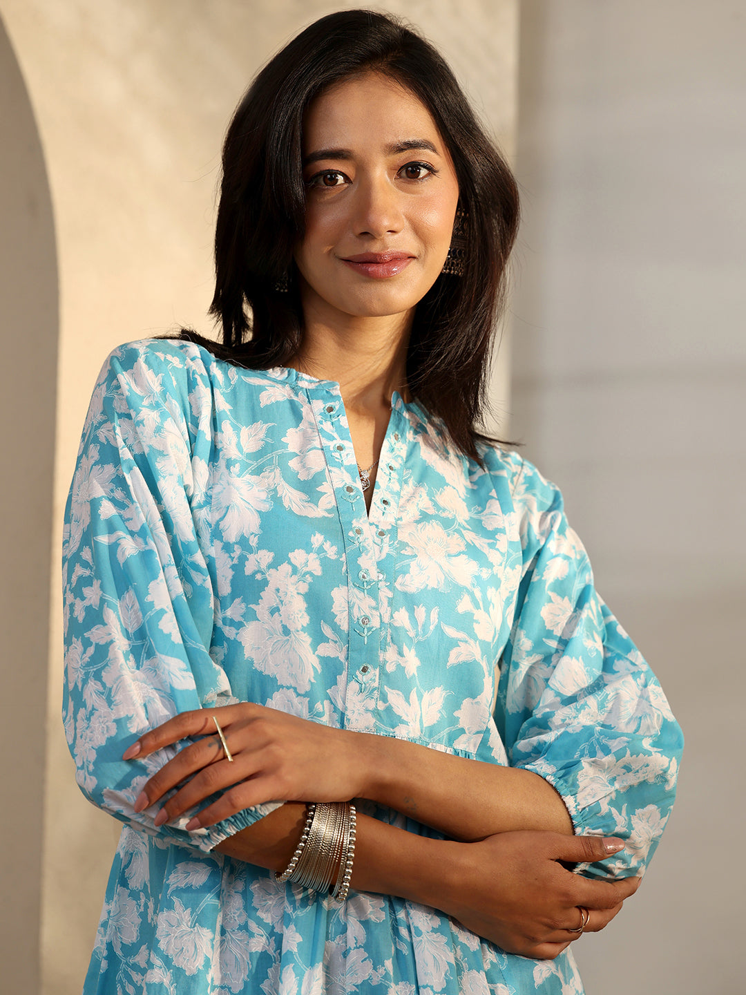  Blue Printed Cotton A-Line Short Kurti 