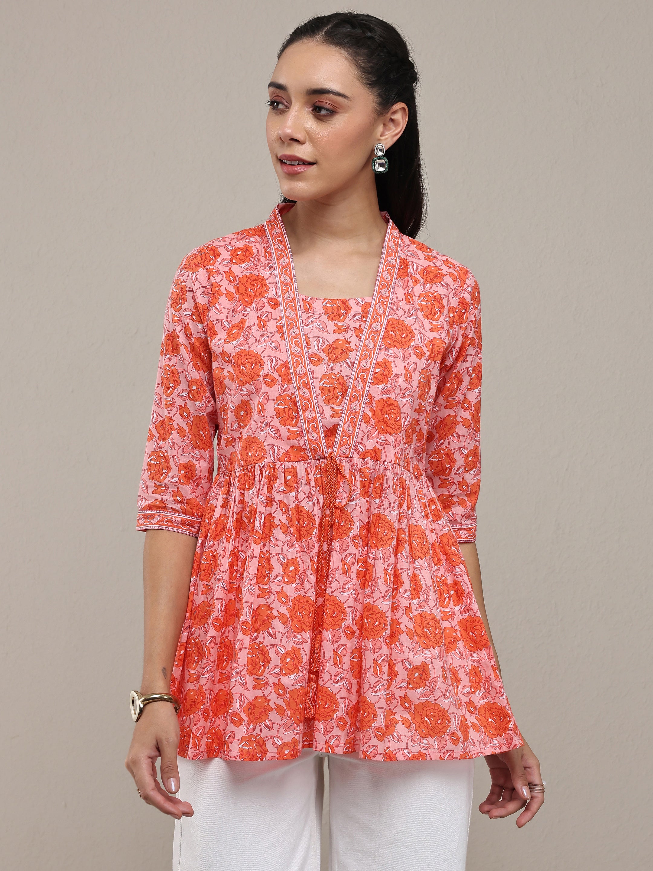 libas Peach Floral Printed Cotton Blend Anarkali Short Kurti-picture-37