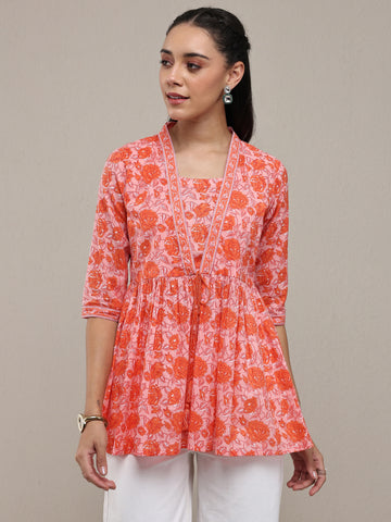 Peach Floral Printed Cotton Blend Anarkali Short Kurti