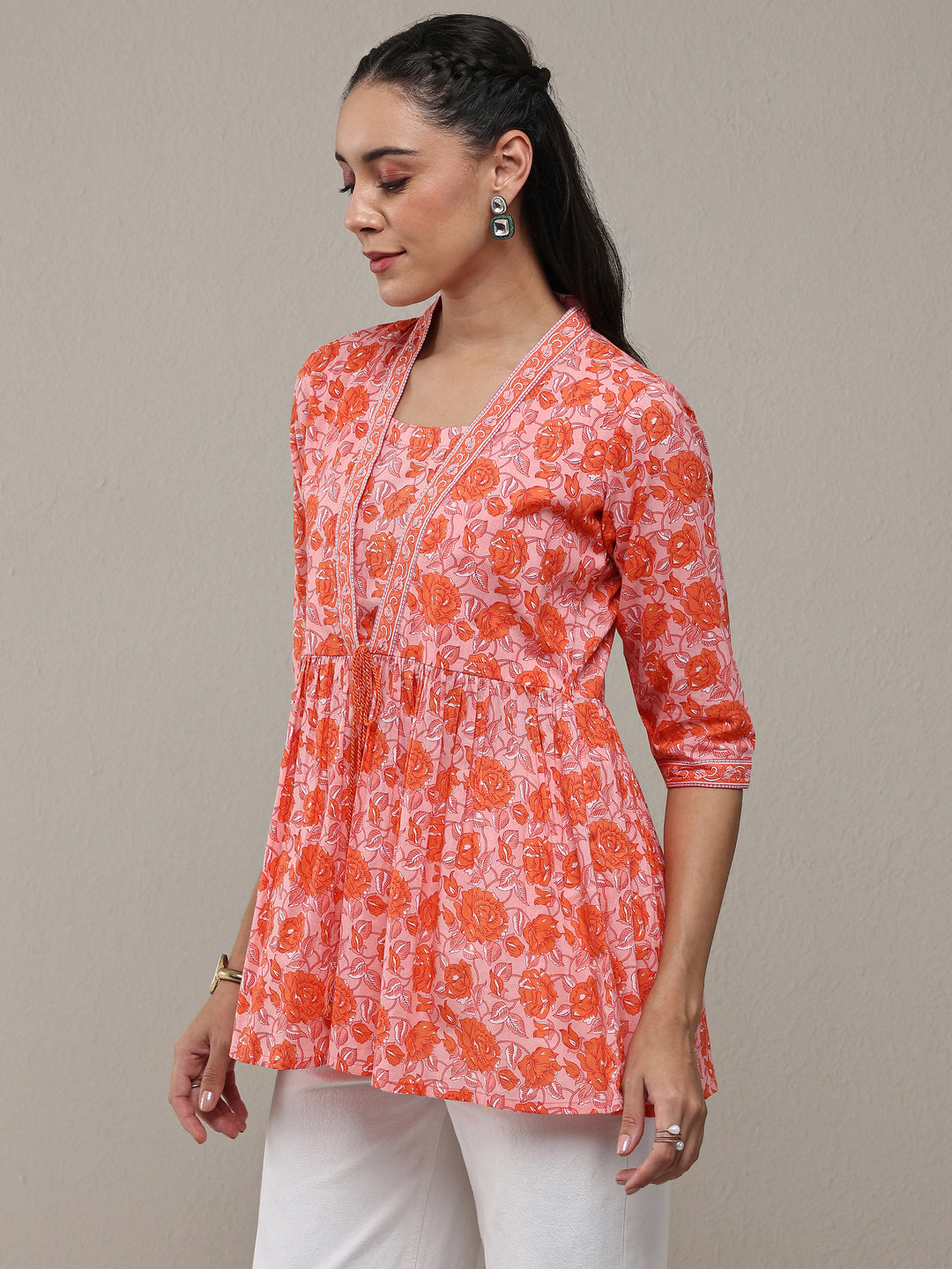  Peach Floral Printed Cotton Blend Anarkali Short Kurti 