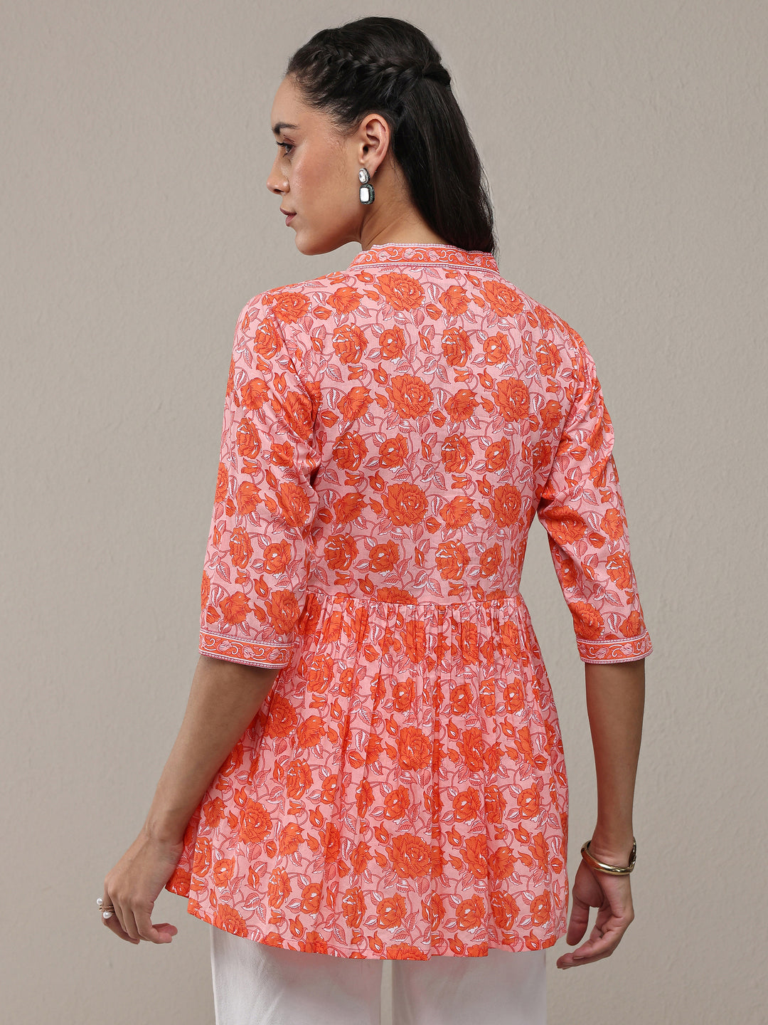  Peach Floral Printed Cotton Blend Anarkali Short Kurti 