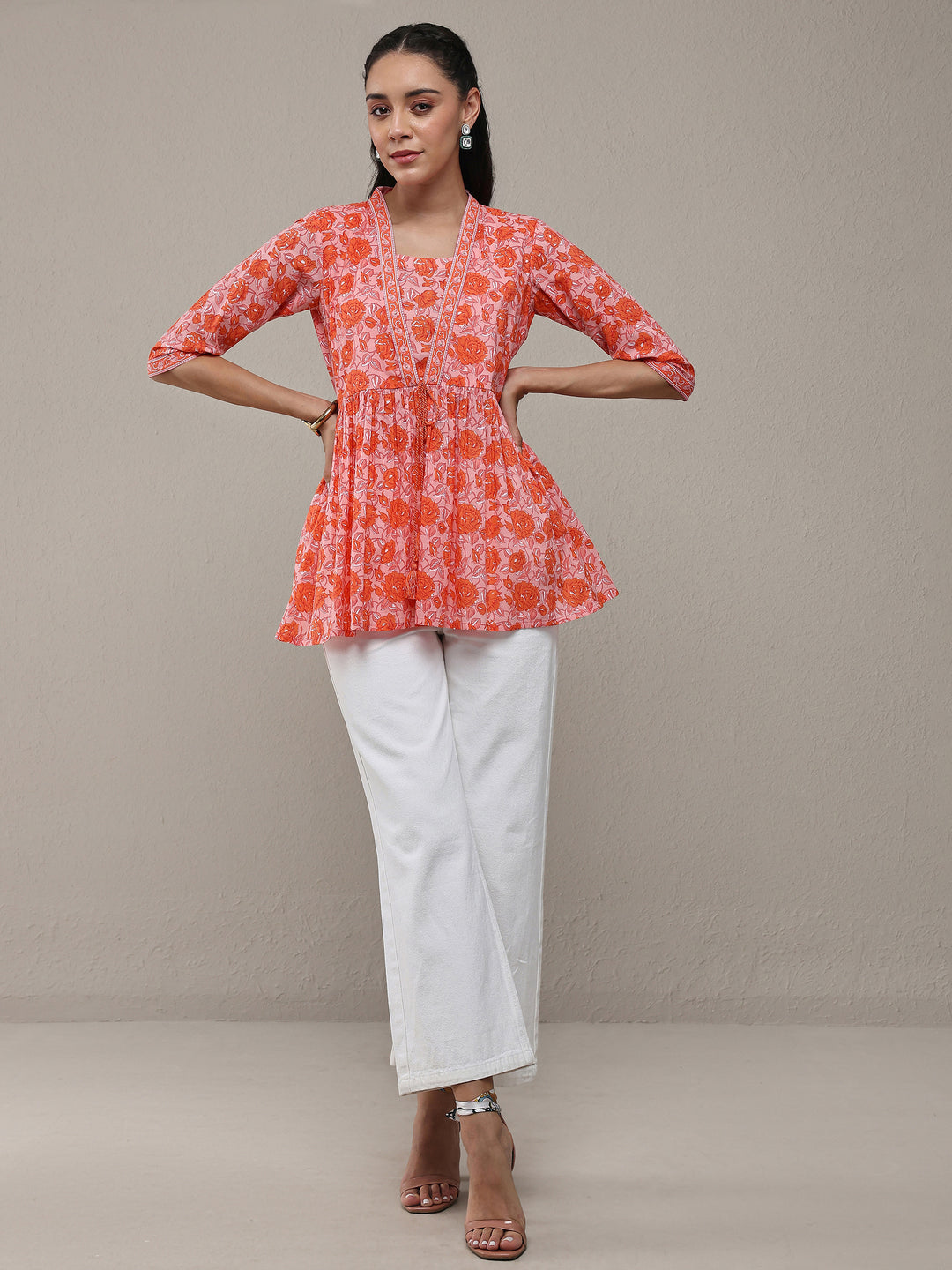  Peach Floral Printed Cotton Blend Anarkali Short Kurti 