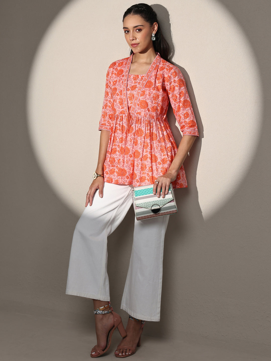  Peach Floral Printed Cotton Blend Anarkali Short Kurti 
